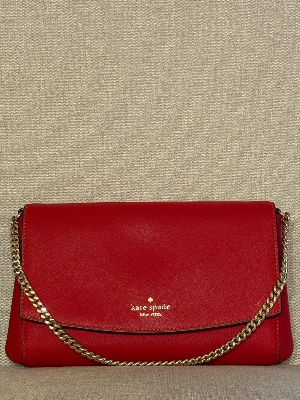 kate spade red leather crossbody with gold chain